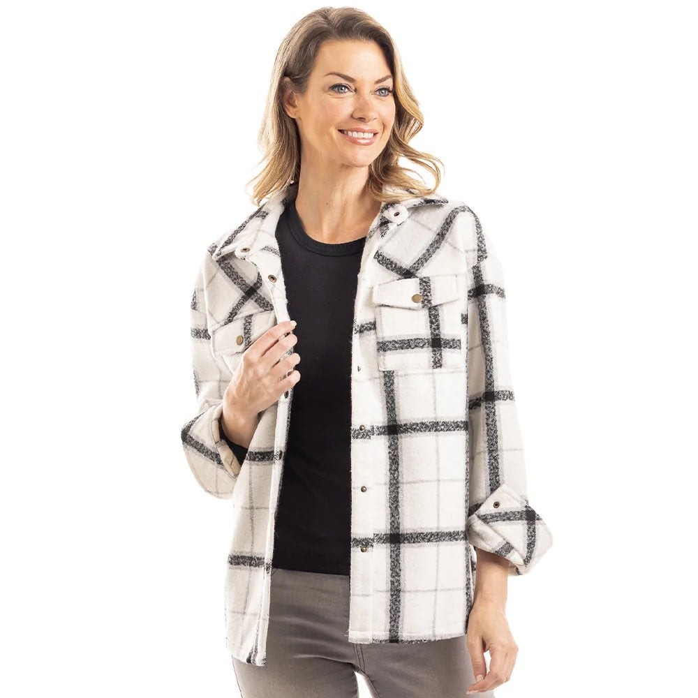 Katydid Womens XL Plaid Flannel Shacket White Black Button Up Long Sleeve Jacket